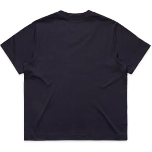 A navy blue T-shirt with a relaxed fit and an unembellished back. The shirt features a logo.