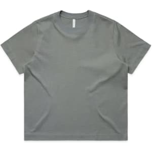 A grey boxy tee with a round neckline and short sleeves. The product has a branding logo.