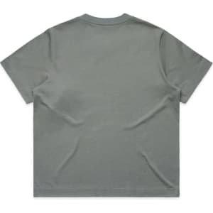 A grey, short-sleeved T-shirt featuring a plain back and a logo.