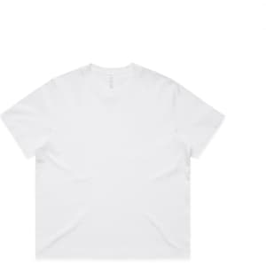 A plain white t-shirt with a relaxed fit, featuring a logo on the label.