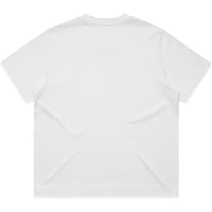 A plain white t-shirt with a simple design, featuring a straight cut and short sleeves.