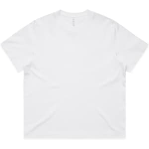 A plain white t-shirt with a loose fit, featuring a simple design and a logo. Ideal for casual wear.
