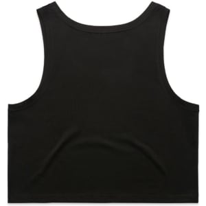 A black crop singlet featuring a simple, sleeveless design and a logo on the back.