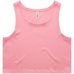 A pink crop singlet featuring a simple design and a tag label. The garment has no visible logos or branding.