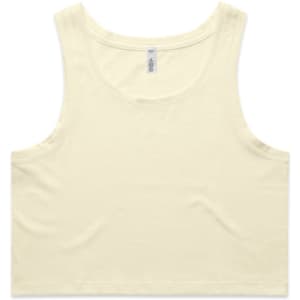 A light yellow crop singlet with a simple design and a logo on the label.
