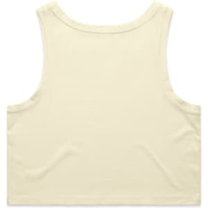 A pale yellow crop singlet featuring a simple design and a logo on the back.