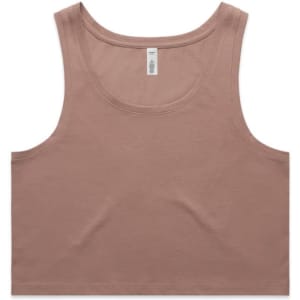 A cropped singlet in a soft brown colour with a round neckline and a label, featuring a logo.