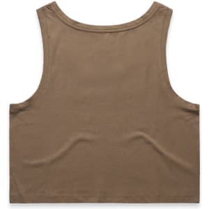 A brown crop singlet featuring a simple design and a plain back, with a logo present.