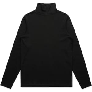 A black turtleneck jumper with long sleeves, featuring a high neck and a plain design.