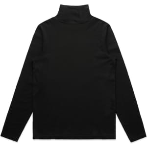 A black long-sleeve turtleneck shirt with a fitted design and high collar, featuring a logo at the back.