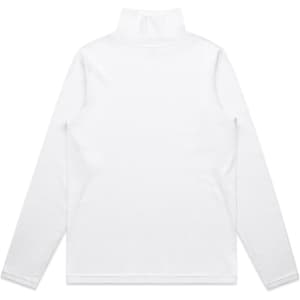 A white long-sleeve turtle neck jumper with a high collar, featuring a logo on the back.