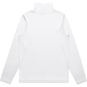 A white turtle neck jumper with long sleeves, featuring a high collar and a simple design. It has a logo on the back.
