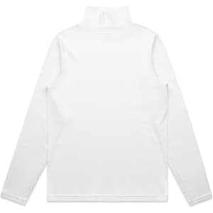 A white turtle neck sweater featuring long sleeves and a high collar, with a branding logo on the back.