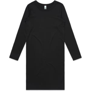 A long-sleeved dress in black, featuring a simple, straight design and a label at the neckline.