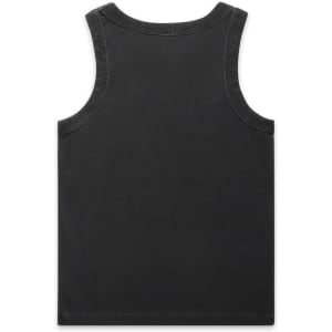 A black organic rib tank top featuring a simple design and sleeveless cut. It includes a logo on the back.