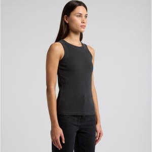 A fitted black rib tank top with a sleeveless design, featuring a logo on the side.