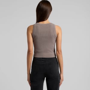 A ribbed crop tank in muted grey, featuring a fitted design and a sleeveless style, with a logo on the back.