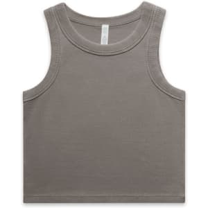 A faded olive green rib crop tank top featuring wide shoulder straps and a fitted design, with a logo.