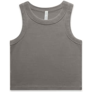 A grey organic rib crop tank top with a round neckline and sleeveless design, featuring a logo.