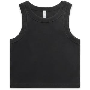 A black organic rib crop tank top with a sleeveless design and a simple cut. It features a logo on the label.
