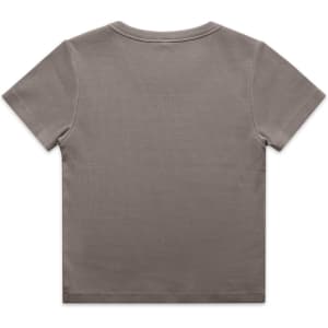 A grey organic ribbed t-shirt featuring a simple, minimalist design and a logo on the back.