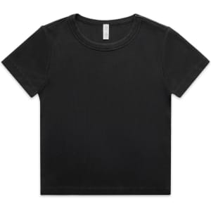 A black organic ribbed t-shirt with a round neckline and short sleeves. The shirt features a logo.
