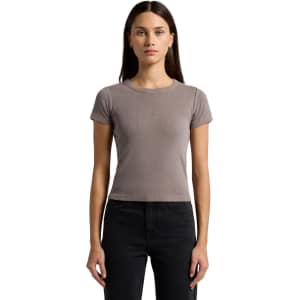 A fitted organic rib tee in a muted taupe colour, featuring short sleeves and a round neckline, shown on a model.
