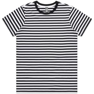 A black and white striped T-shirt featuring a crew neck and short sleeves, with a label inside.