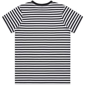 A black and white striped t-shirt with short sleeves and a crew neckline, featuring a logo on the back.