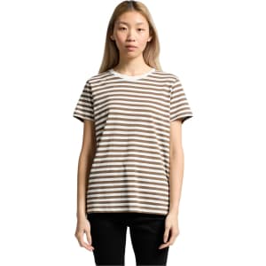 A striped tee in brown and cream, featuring a casual fit and short sleeves. The shirt includes a brand logo.