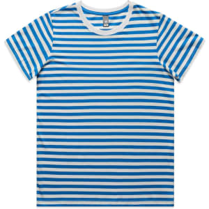 A striped blue and white T-shirt with a round neckline and a logo.