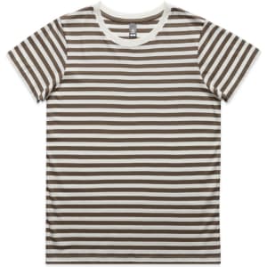 A striped t-shirt in brown and white, featuring a round neckline and short sleeves. It has a branding label on the neck.