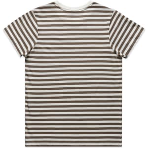 A striped t-shirt featuring a pattern of brown and white horizontal stripes, with a crew neck design and short sleeves.