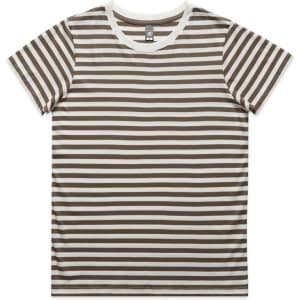 A striped t-shirt featuring brown and white horizontal stripes. The shirt has a crew neckline and includes a logo.