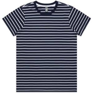 A navy blue and white striped T-shirt with short sleeves and a round neckline, featuring a logo.
