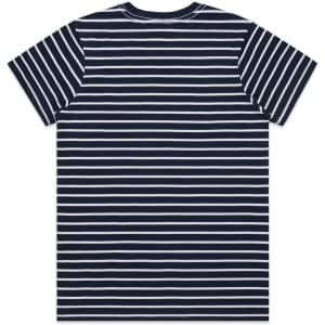 A navy and white striped T-shirt featuring a back view. Includes a branding logo.