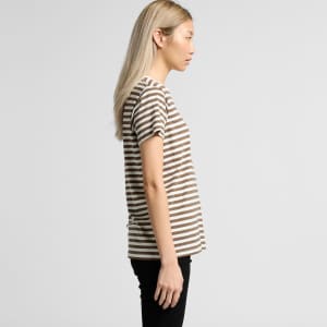 A side view of a women's t-shirt featuring brown and cream stripes. The shirt has short sleeves and a relaxed fit.