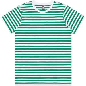 A striped t-shirt featuring green and white horizontal lines, with a rounded neckline and short sleeves.