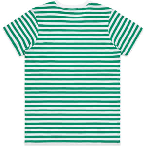 A green and white striped T-shirt featuring a logo on the back. Suitable for casual wear.