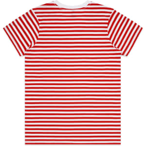 A red and white striped T-shirt featuring a crew neck and short sleeves, with a logo at the back.