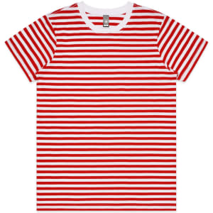 A red and white striped T-shirt with short sleeves and a round neckline. Features a brand logo on the label.