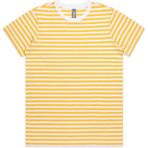 A striped T-shirt featuring white and yellow horizontal stripes, with a crew neckline and short sleeves.