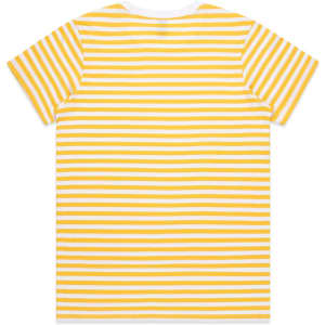 A short-sleeved t-shirt featuring horizontal yellow and white stripes, with a round neckline and minimal branding.