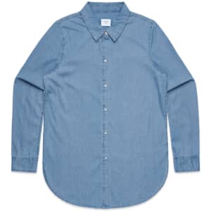 A blue denim button-up shirt with a collar, featuring long sleeves and a rounded hemline.