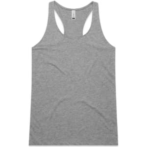 A grey racerback singlet featuring a logo, designed for comfort and style.