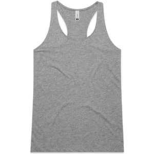 A grey racerback singlet featuring a simple design with a logo. Ideal for casual wear or exercise.