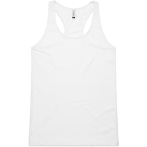 A white racerback singlet featuring a logo. The fabric is smooth and lightweight.