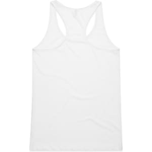 A white racerback singlet with a smooth fabric texture and a subtle branding logo.