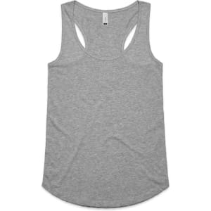 A grey racerback singlet with a rounded hem and a logo on the label.