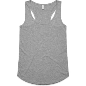 A grey racerback singlet featuring a curved hem and a label tag. The item includes a logo on the back.
